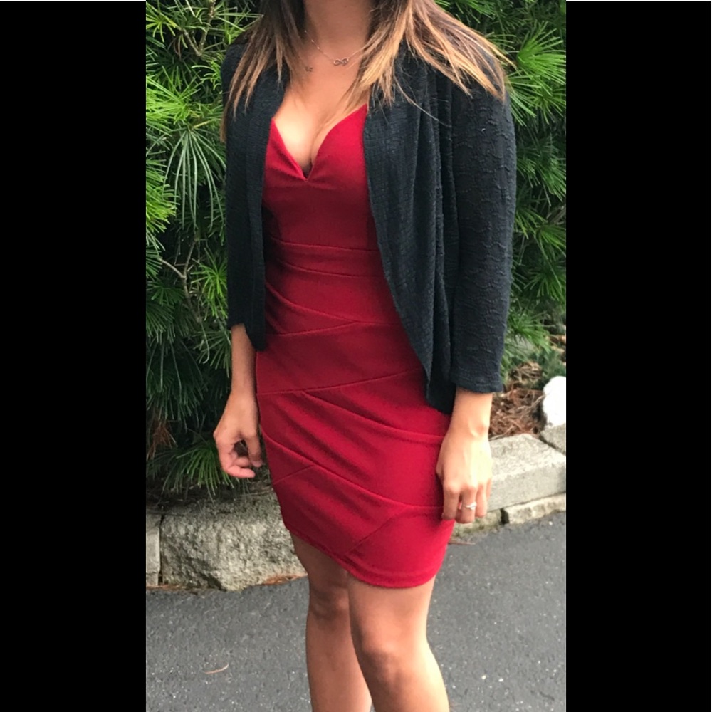 Red dress.  See thru sides!
